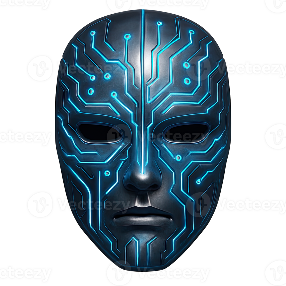 Futuristic Cyber Mask with Blue Glowing Circuit Lines Isolated on Transparent Background, png