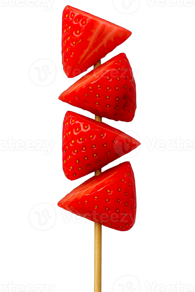 Sliced strawberry skewer isolated on transparent background, png