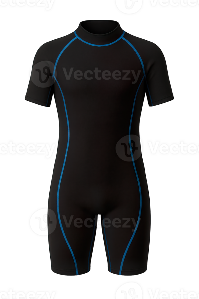 Short Sleeve Black Wetsuit with Blue Trim Isolated on Transparent Background, png