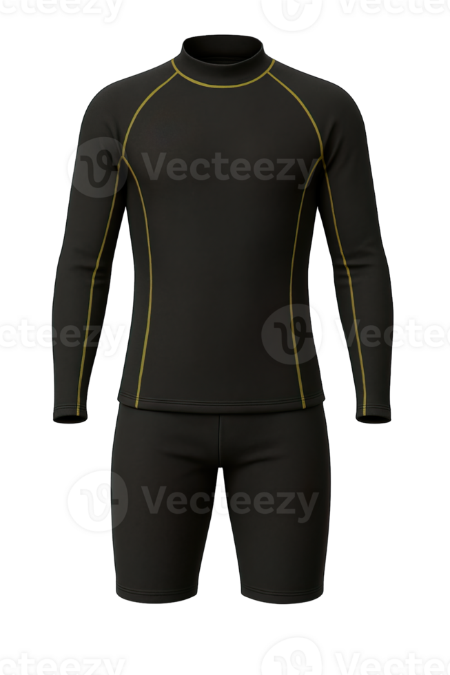 Long Sleeve Black Wetsuit with Yellow Trim Isolated on Transparent Background, png