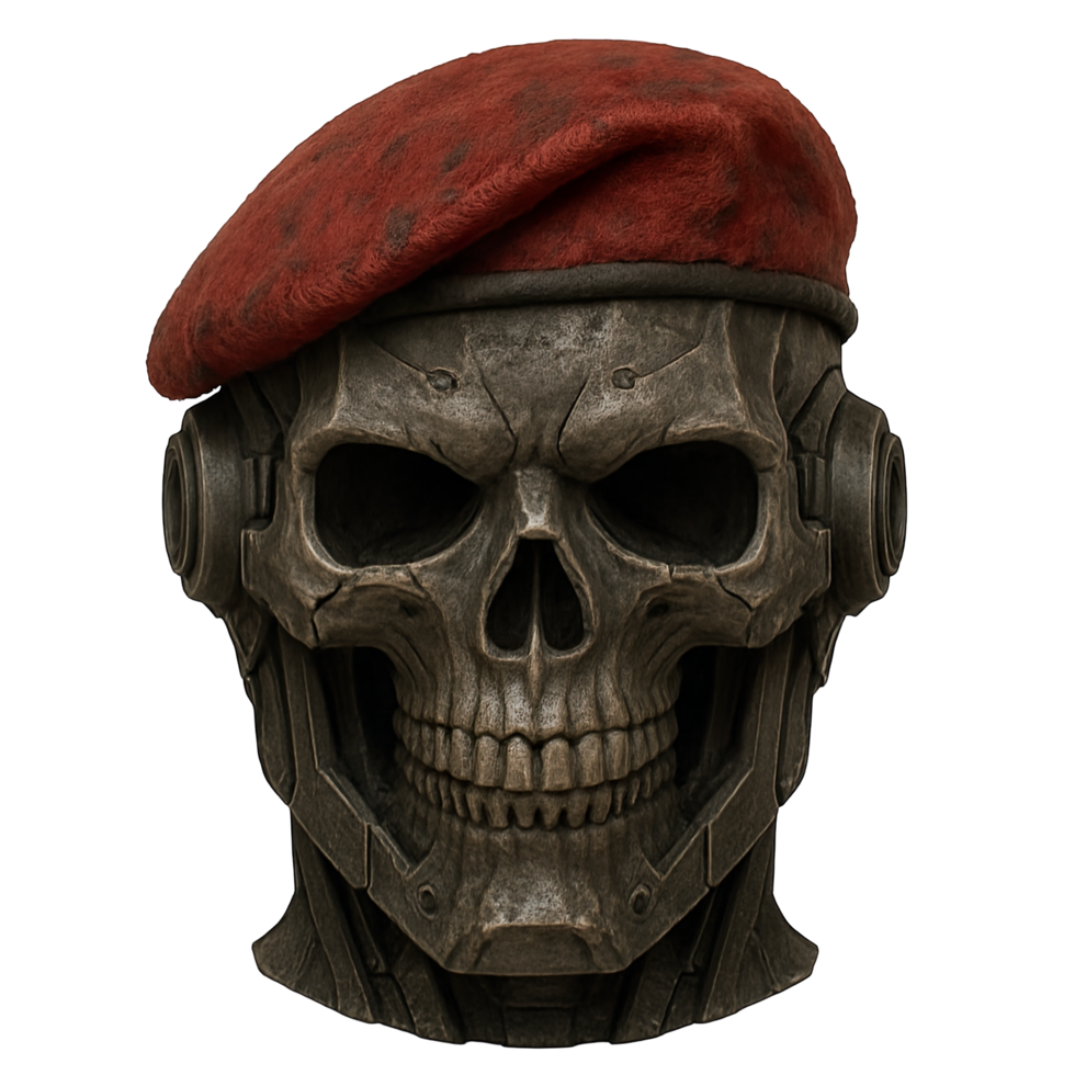 Futuristic Skull Robot Mask with Red Beret Isolated on Transparent Background, png
