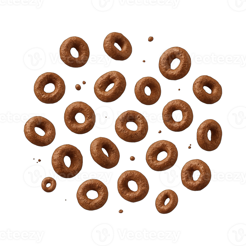 Realistic Chocolate Cereal Loops Scattered Isolated on Transparent Background, png