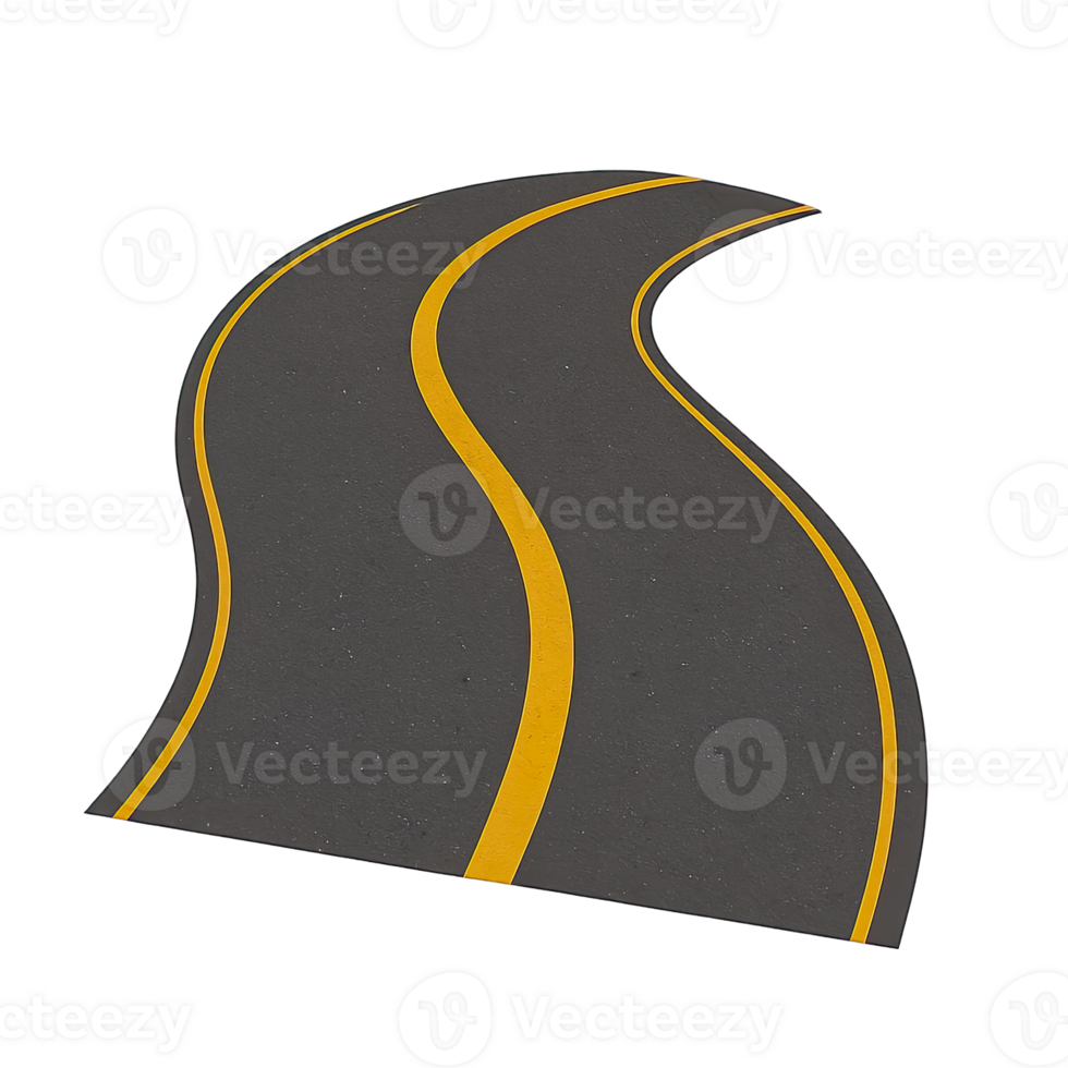 Curved Asphalt Road with Yellow Line Isolated on Transparent Background, png