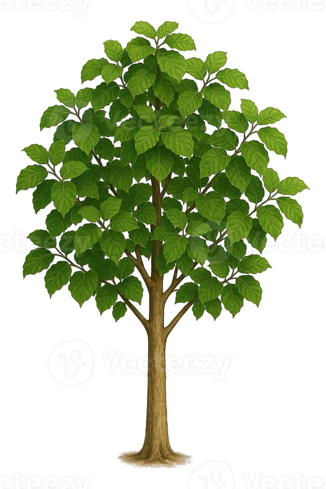Realistic teak tree with lush green leaves isolated on transparent background, png