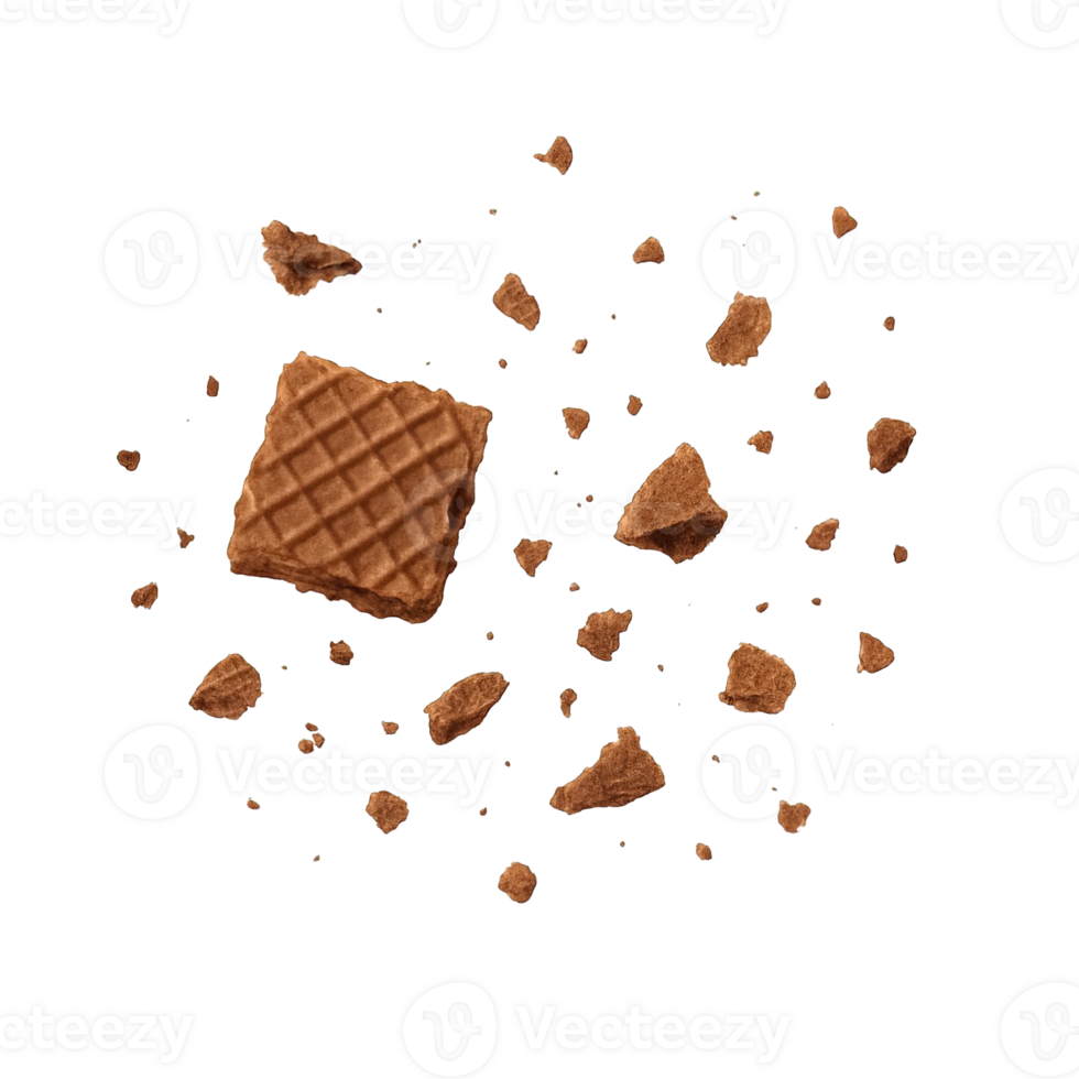Realistic Broken Chocolate Waffle Crumbs Isolated on Transparent Background, png