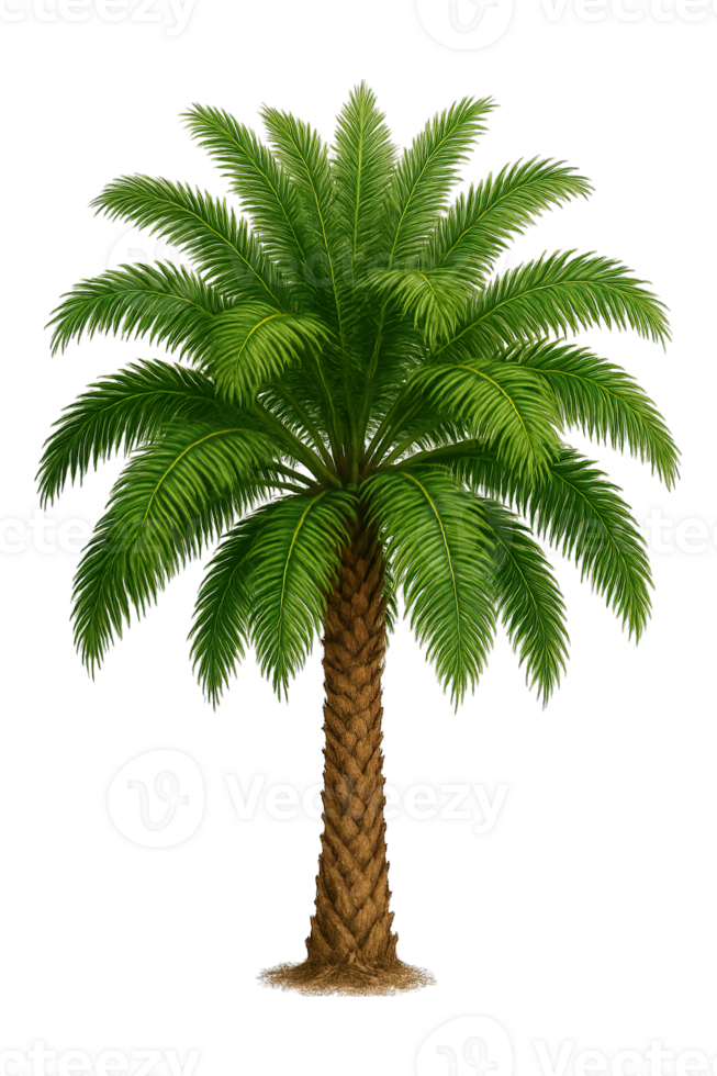 Realistic palm tree with braided trunk and lush green fronds isolated on transparent background, png