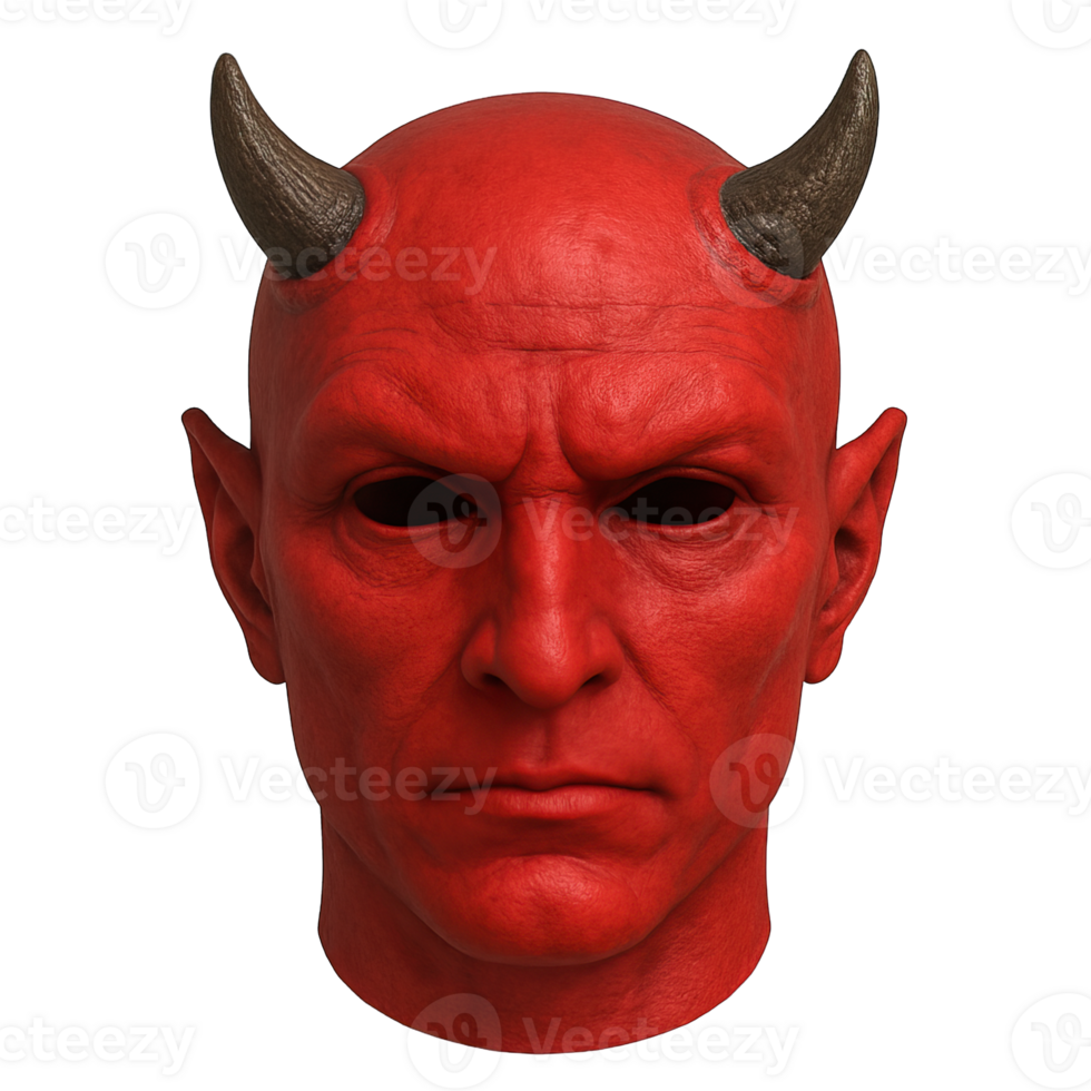 Realistic Red Demon Head with Black Horns Isolated on Transparent Background, png