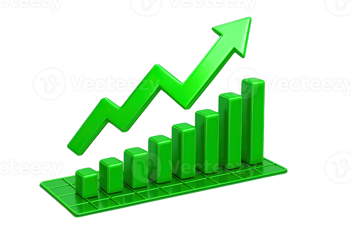 Green bar chart with upward arrow isolated on transparent background, png