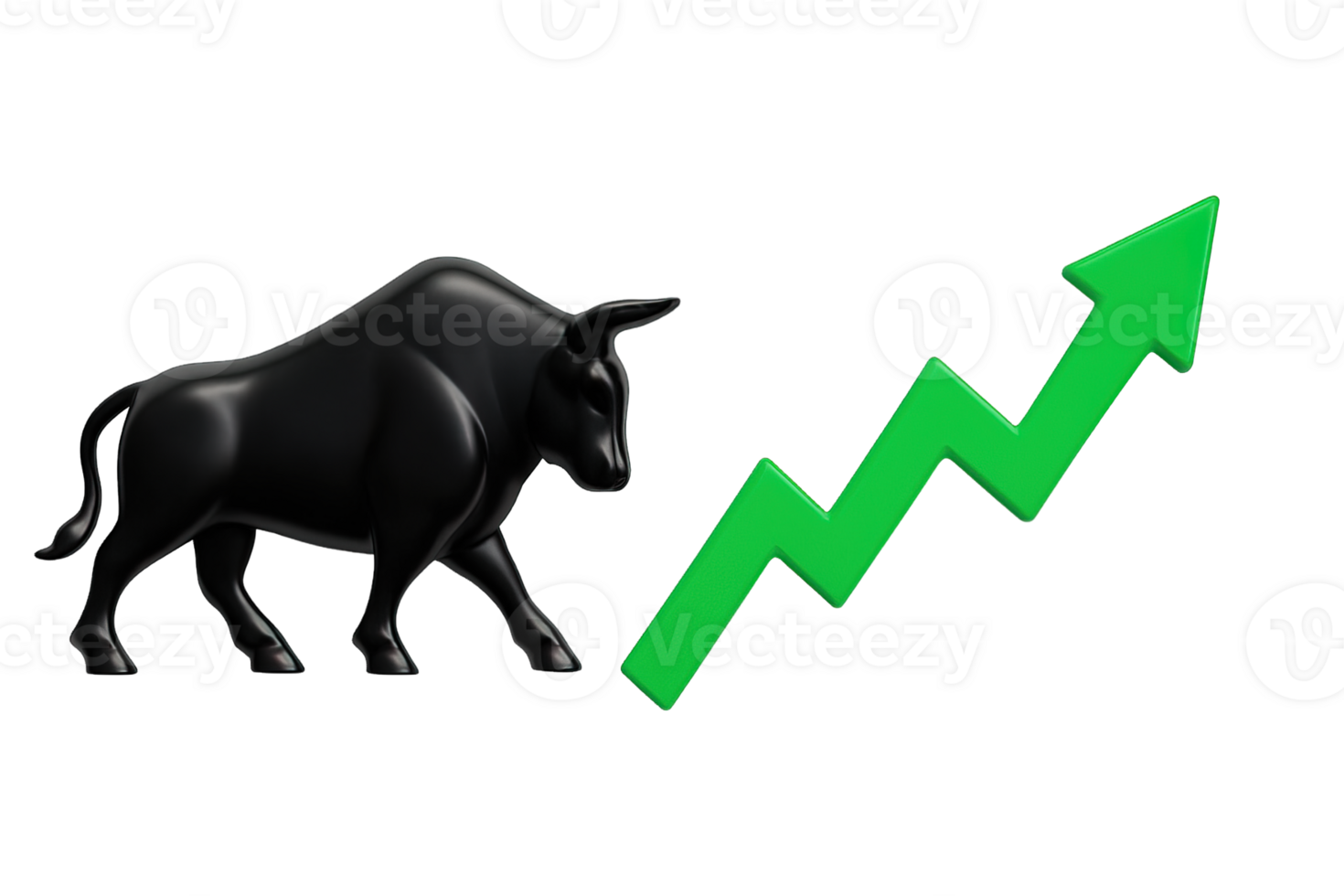 Black bull charging and green zigzag up arrow isolated on transparent background, png