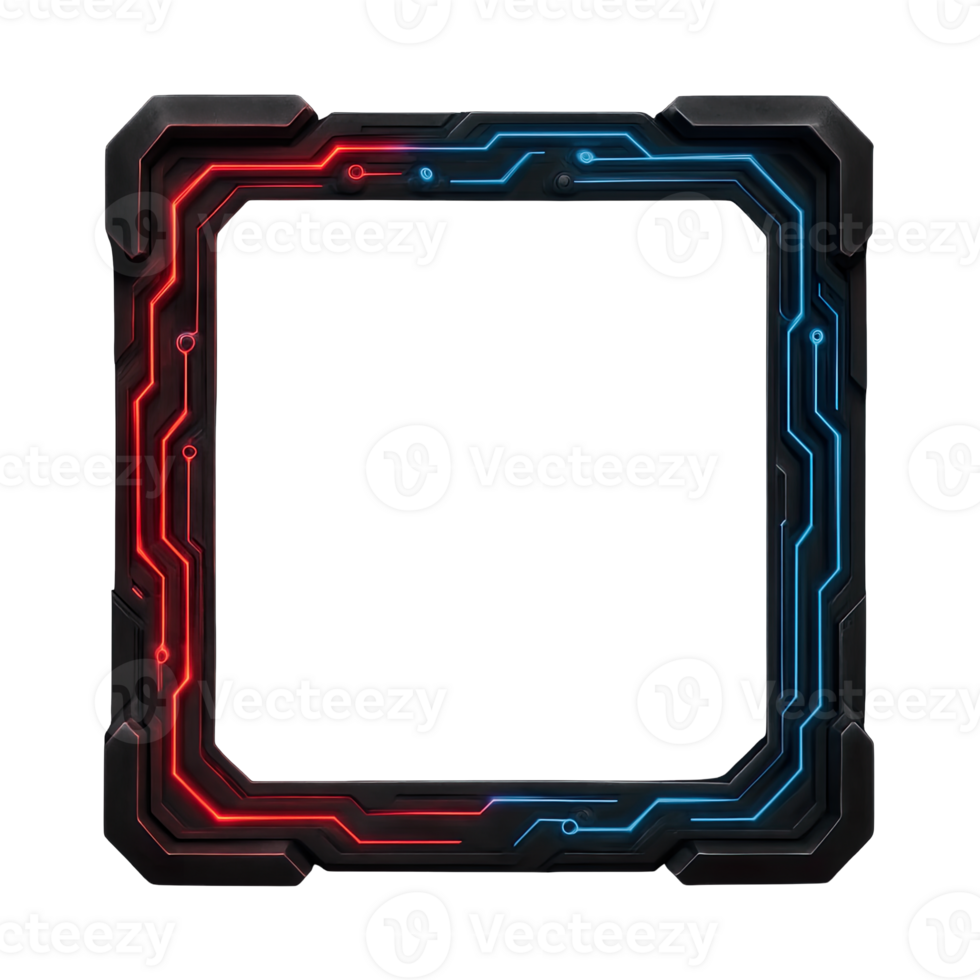 Futuristic Tech Frame with Red and Blue Glowing Circuit Lines Isolated on Transparent Background, png