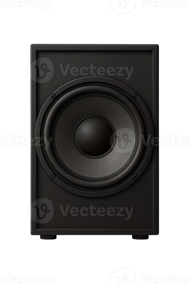 Black audio speaker front view isolated on transparent background, png