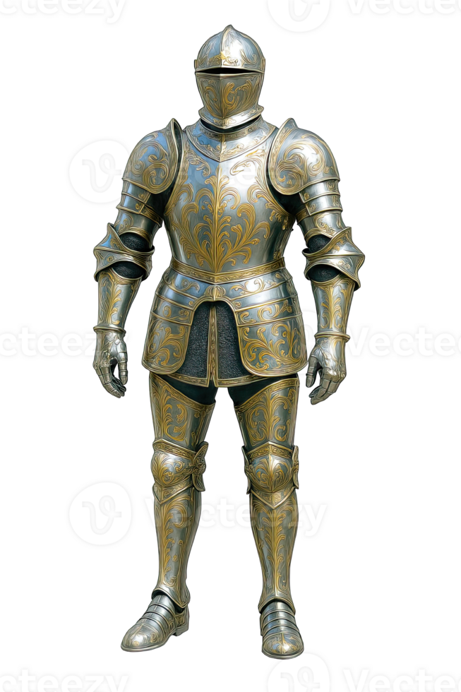 Ornate royal knight armor suit isolated on transparent background, png