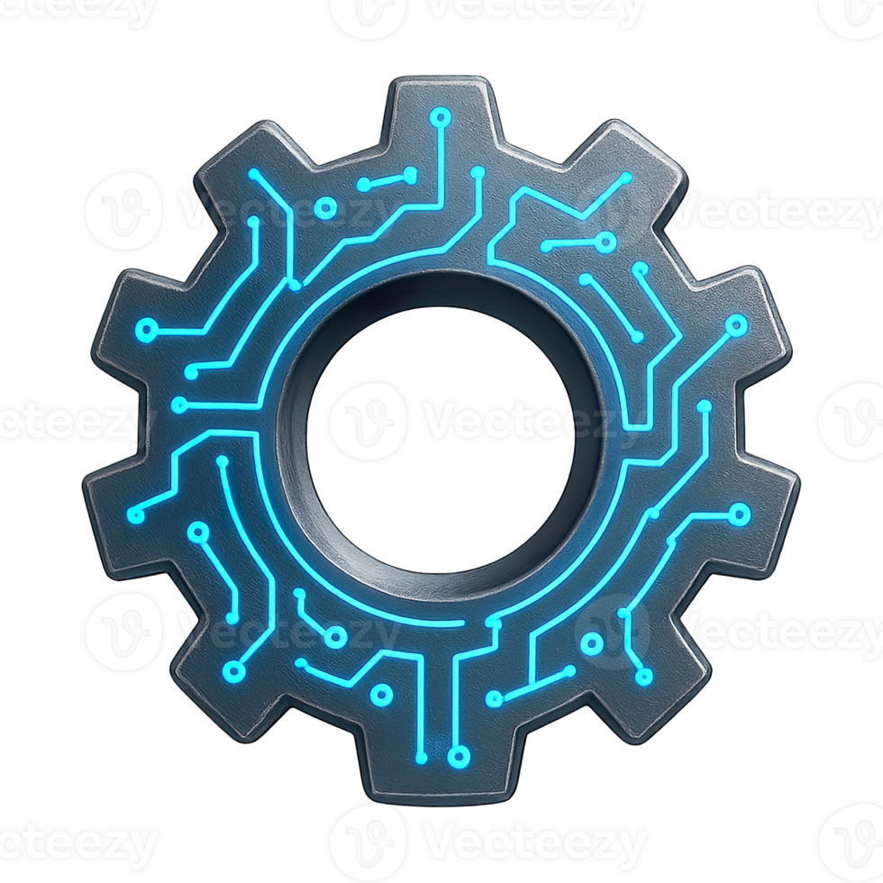 Futuristic Cyber Gear with Neon Circuit Design Isolated on Transparent Background, png