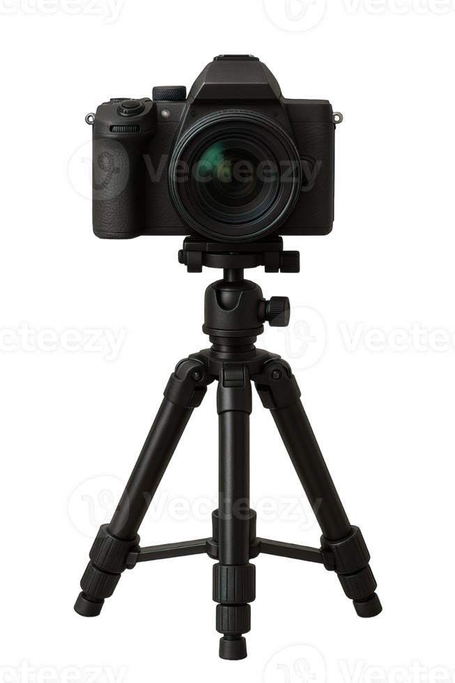 Professional digital camera on tripod front view isolated on transparent background, png