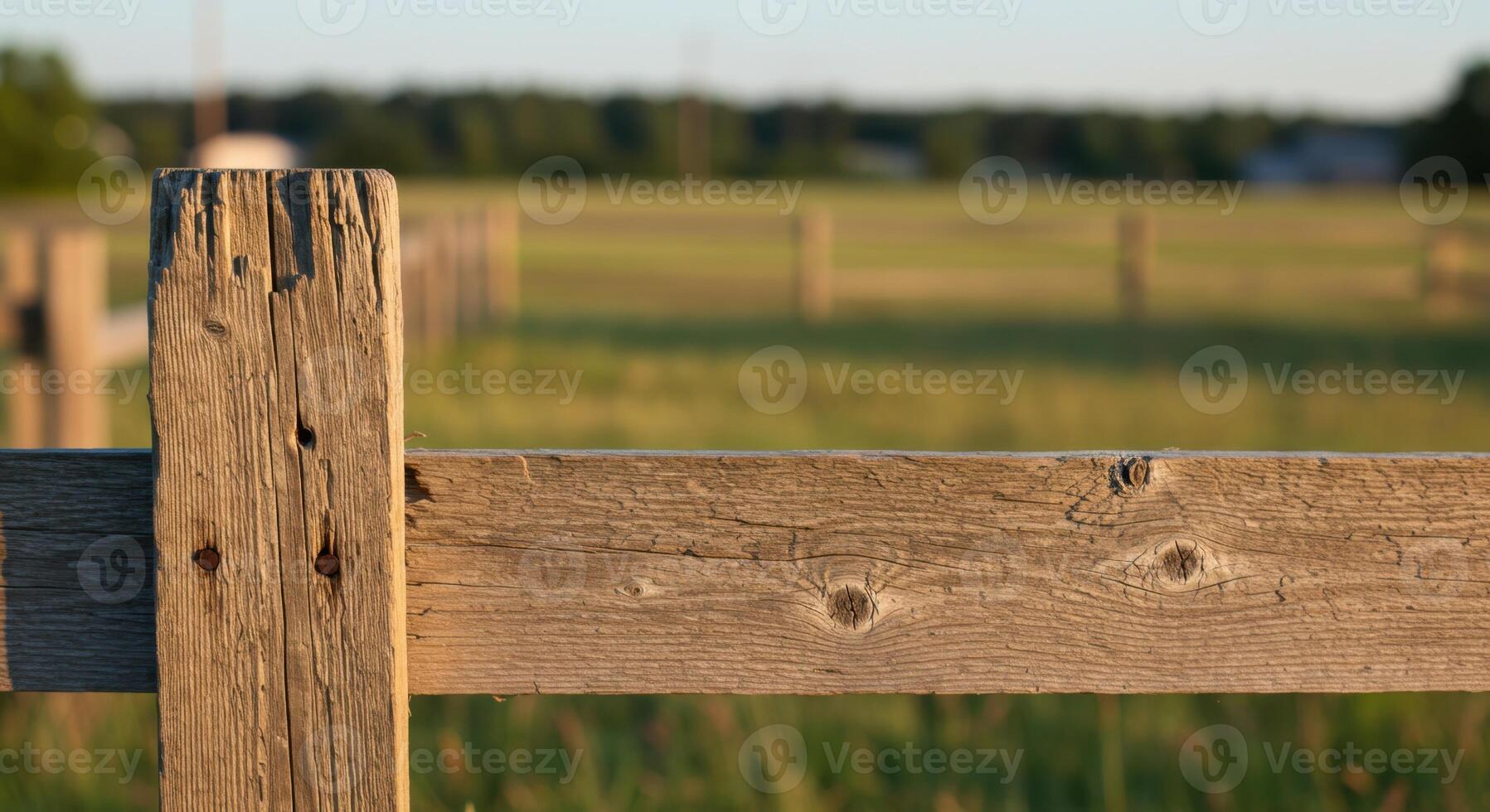 Closeup of Rustic Wooden Fence in Countryside Field at Sunset photo