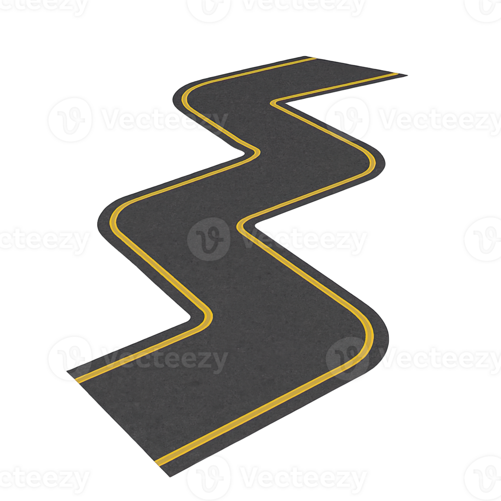 Zigzag Curved Asphalt Road with Yellow Lines Isolated on Transparent Background, png