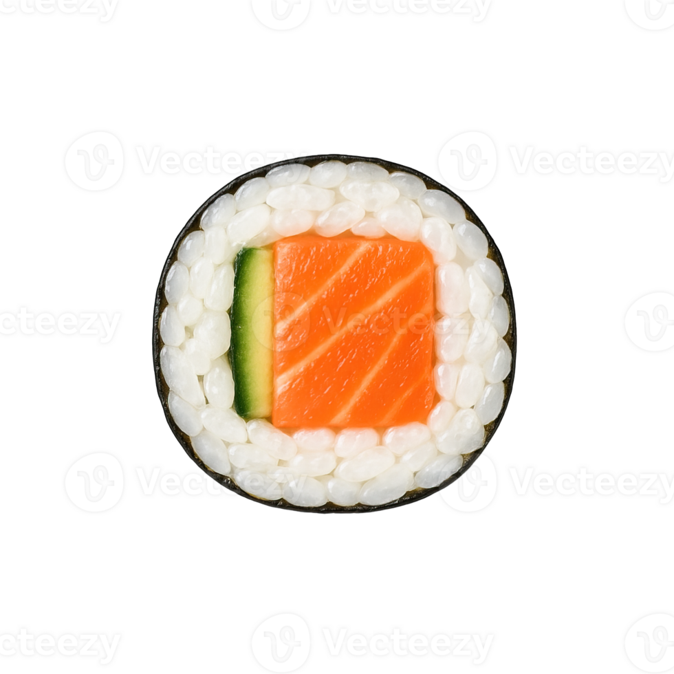 Realistic sushi roll with salmon and cucumber isolated on transparent background, png