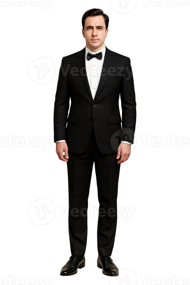 Realistic man in black tuxedo with bow tie standing front view isolated on transparent background, png