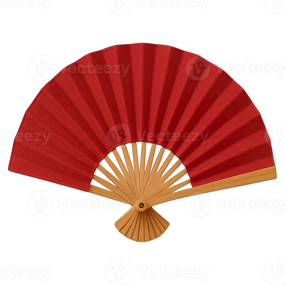 Realistic traditional hand fan with red fabric and wooden ribs isolated on transparent background, png