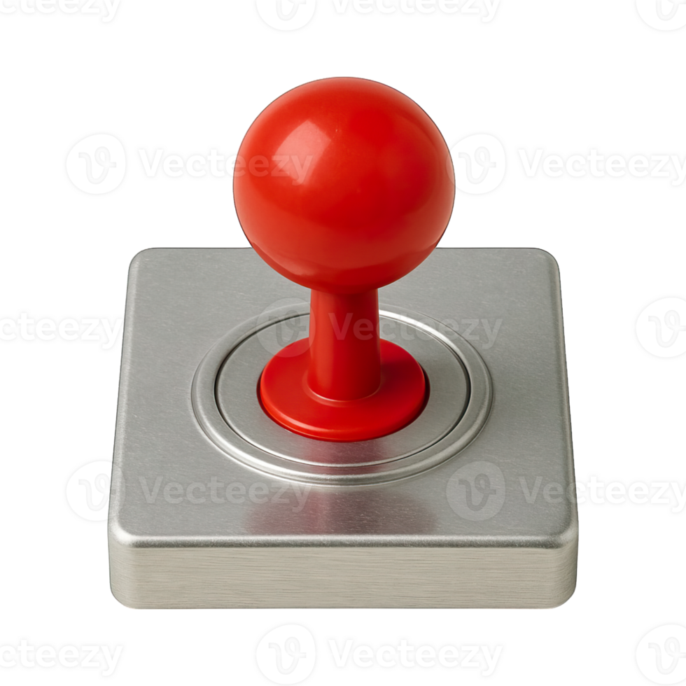 Realistic red arcade joystick on metallic square base isolated on transparent background, png