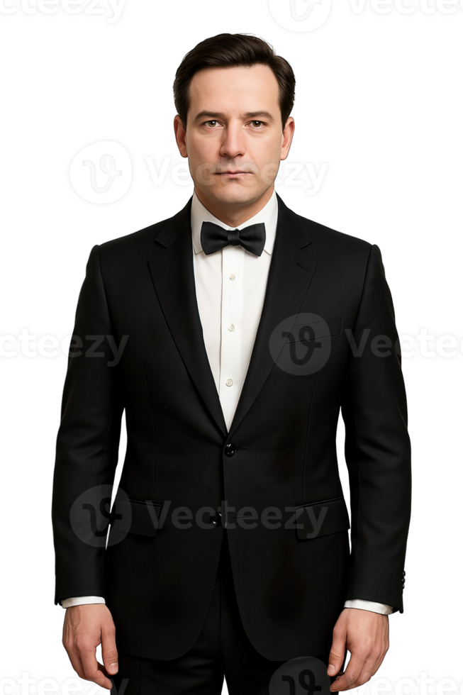 Realistic close-up of man in black tuxedo and bow tie isolated on transparent background, png