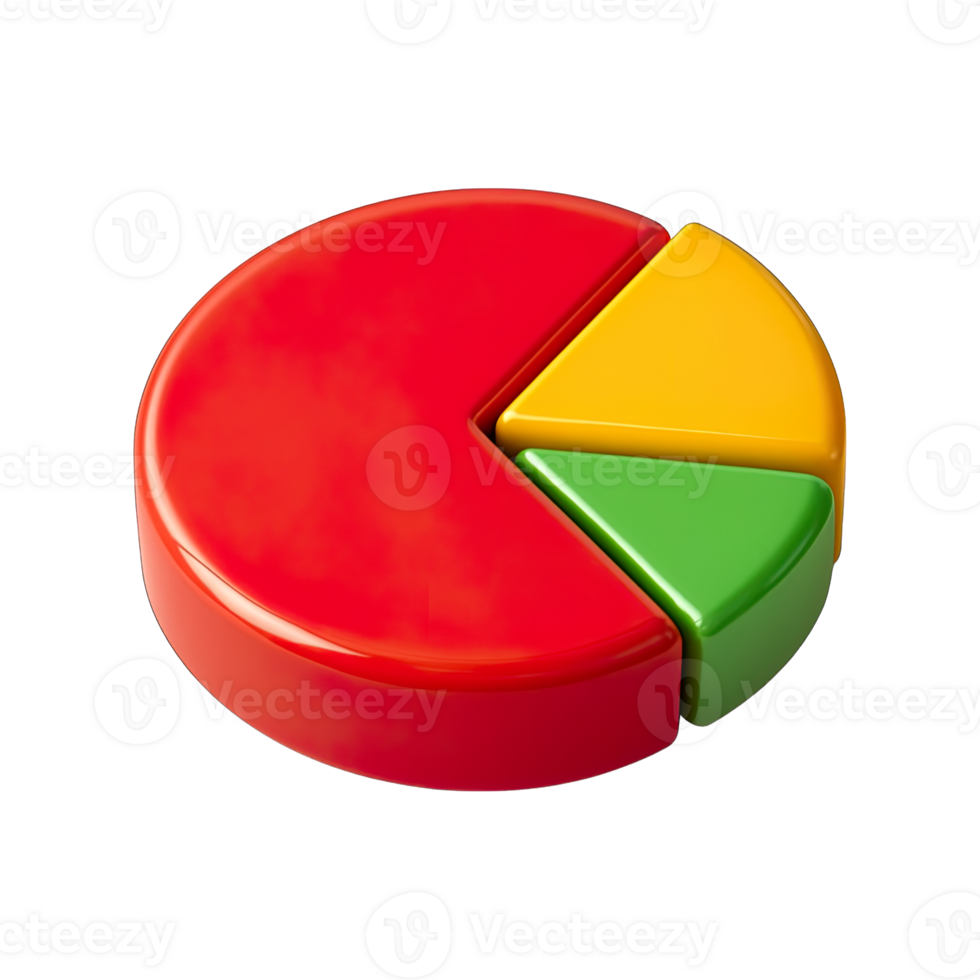 Colorful 3D pie chart with red, yellow, and green segments isolated on transparent background, png