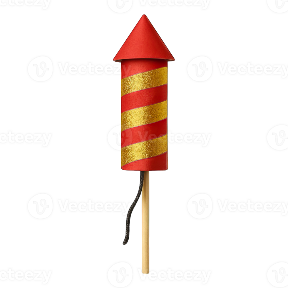 Realistic red and gold firework rocket with fuse isolated on transparent background, png
