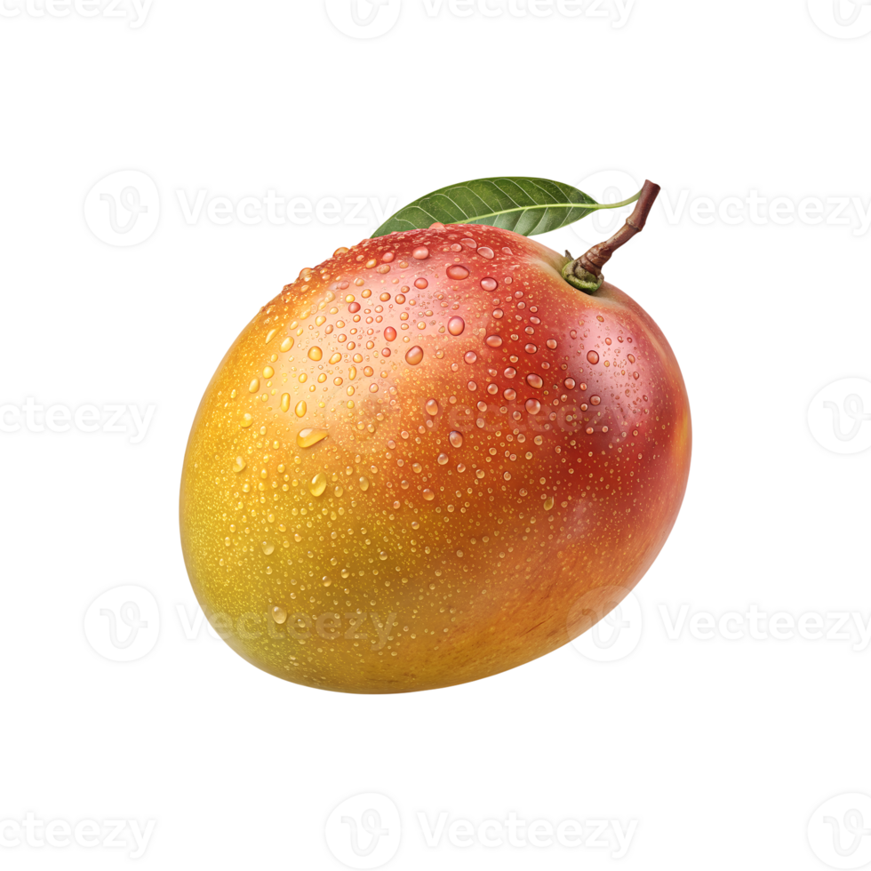 Ripe Mango with Water Droplets and Leaf on Transparent Background png
