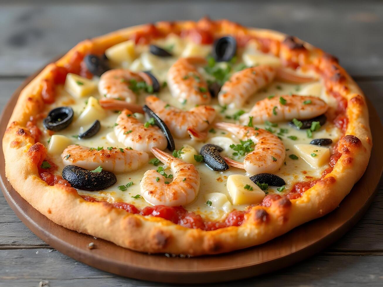A pizza with shrimp and olives on a wooden table photo