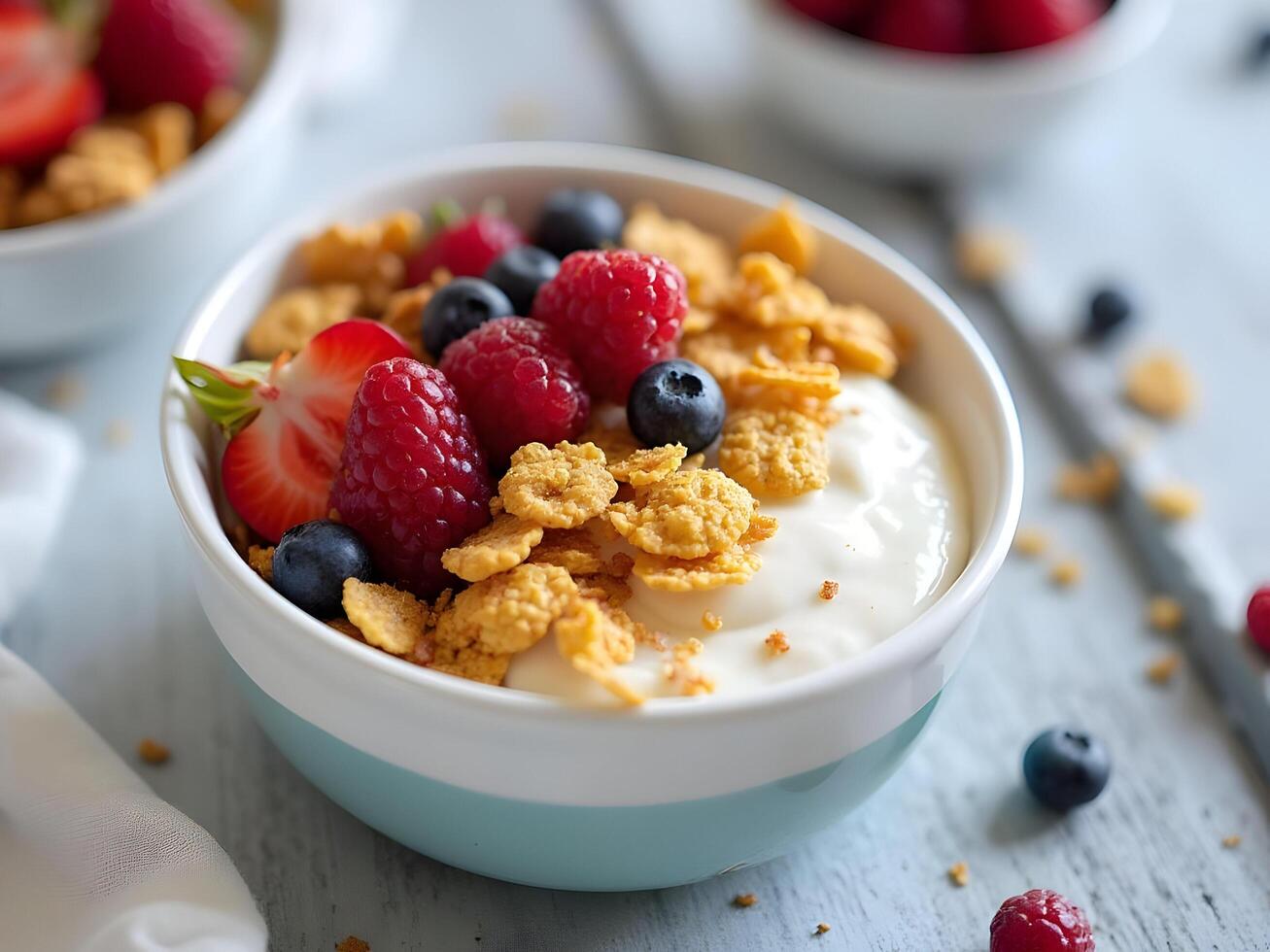Yogurt with berries and cereal in a bowl photo