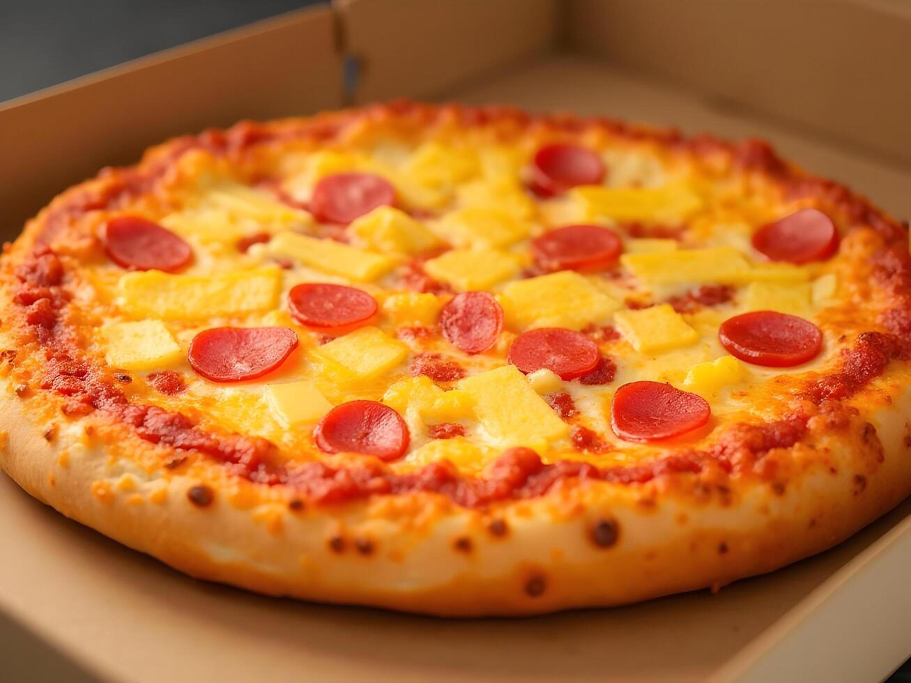 A pizza in a box with pineapple and pepperoni photo