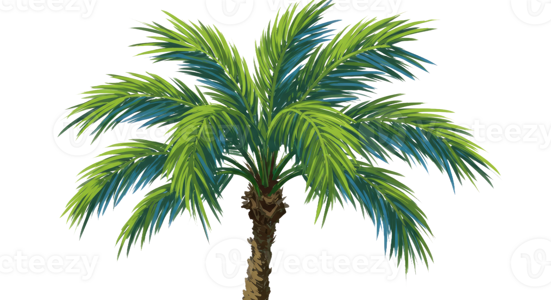 Striking Palm Tree with Elongated Sweeping Fronds in Vibrant Greens and Cool Blues png