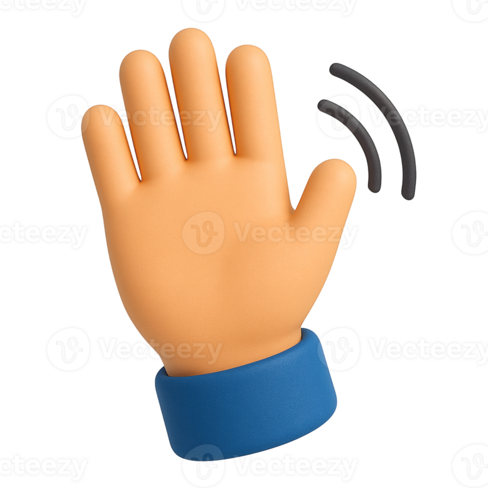 3d human hand cheerful waving hand in a cartoon style. png