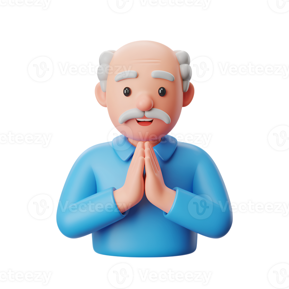 Cartoon elder man with hands in prayer pose isolated on a simple background png