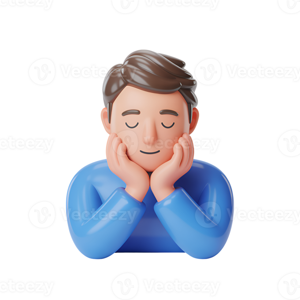 Cartoon man resting head on hands with eyes closed in a thoughtful pose png