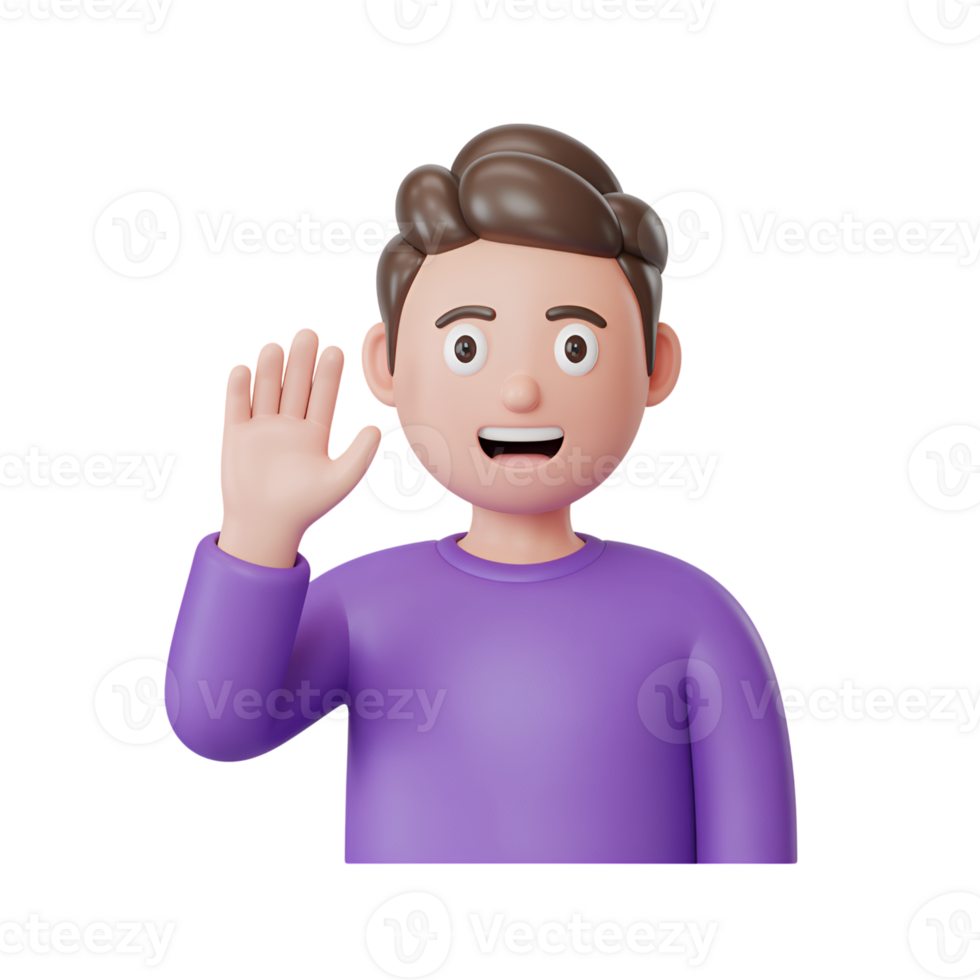 Cartoon man waving with hand raised in greeting on transparent background png
