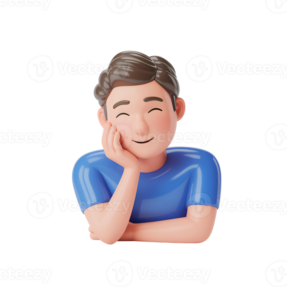 Cartoon man resting chin on hand with a happy expression on isolated background png