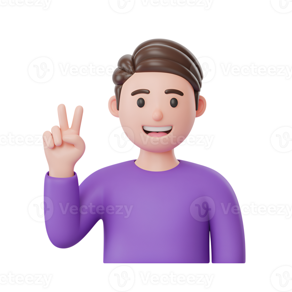 Cartoon man showing peace sign with fingers in 3d render illustration style png
