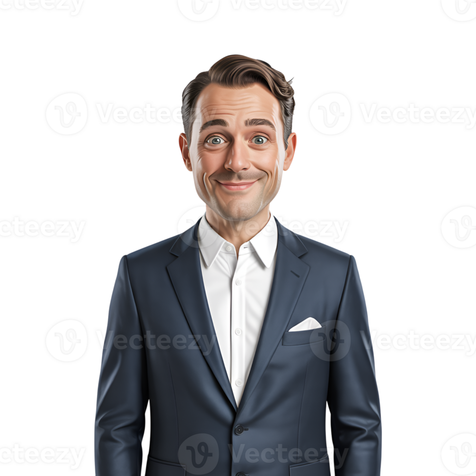 Smiling businessman in suit with surprised expression against plain backdrop png