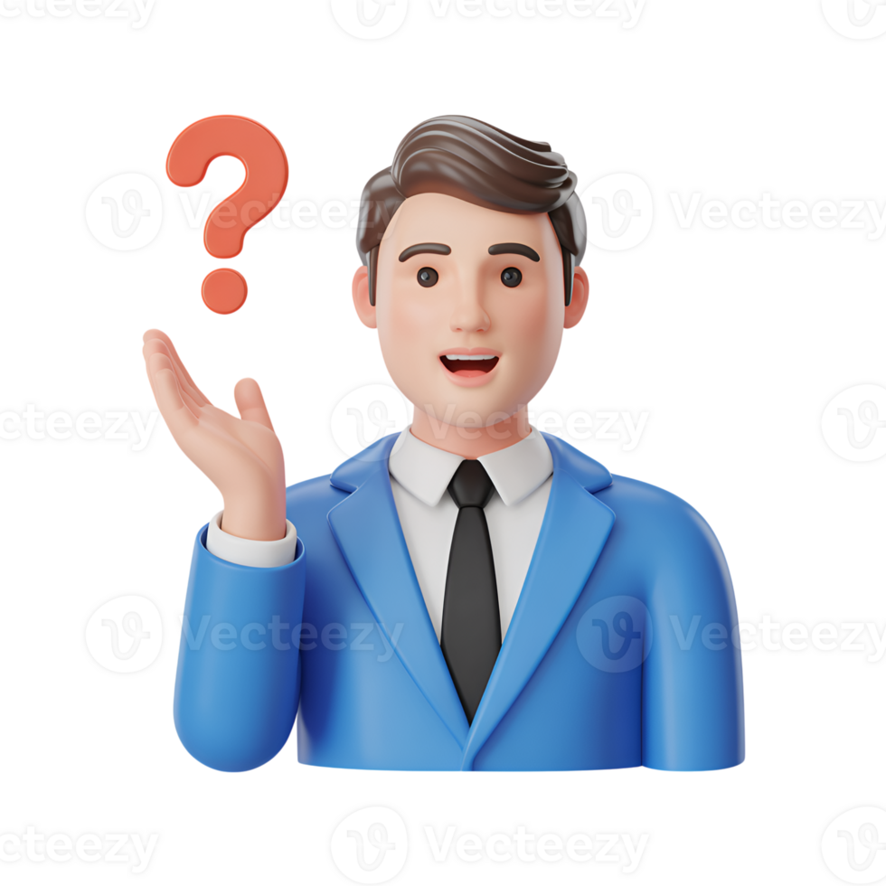 Question mark above cartoon man in suit with hand up asking a question png