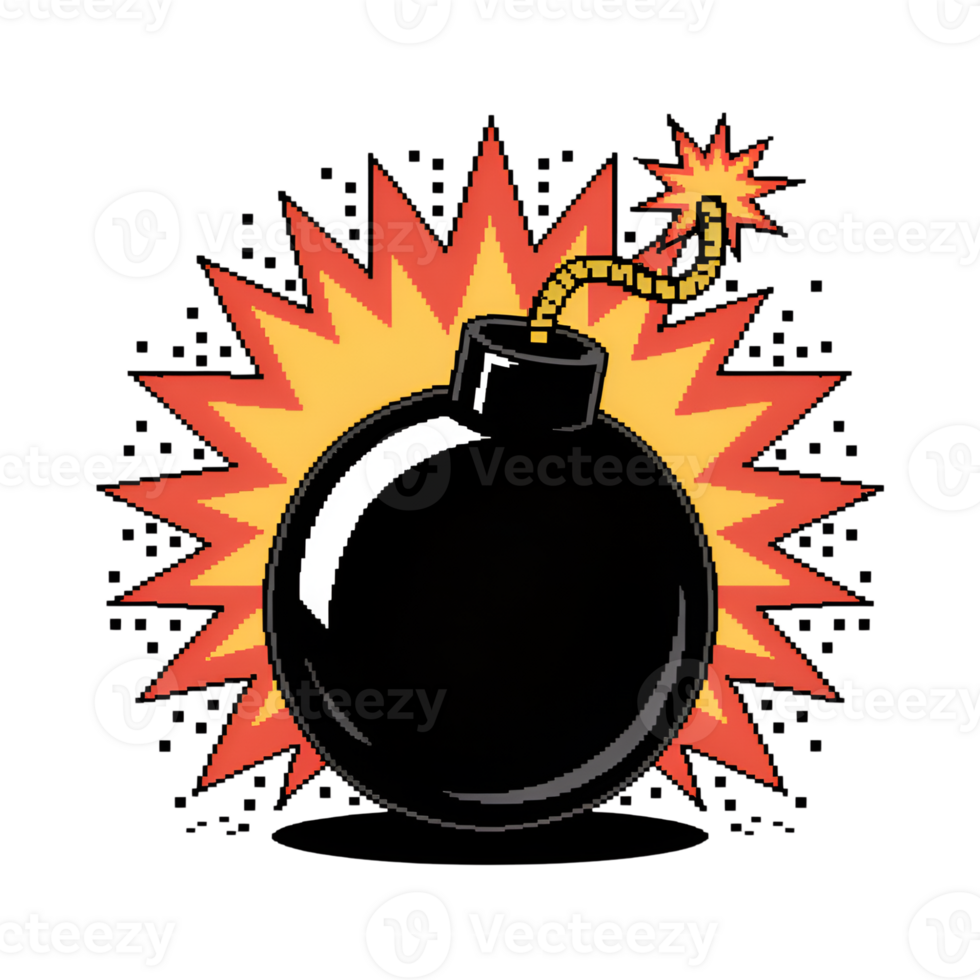 Cartoon bomb with lit fuse and explosive burst behind it on a background png