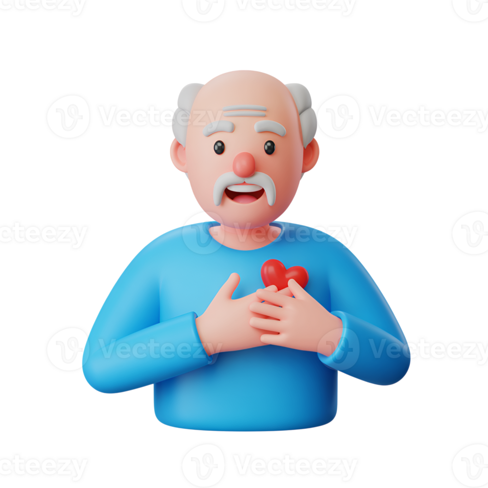Cartoon old man holding a red heart shape against his chest with both hands png