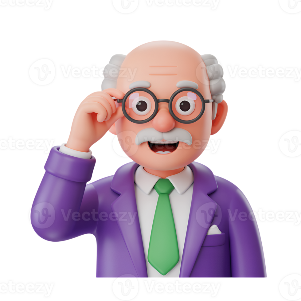 Cartoon professor adjusting glasses with purple suit and green tie isolated png