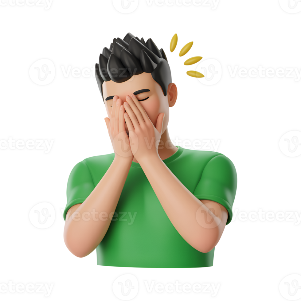 Frustrated man covers his face with hands in despair, 3d render character png