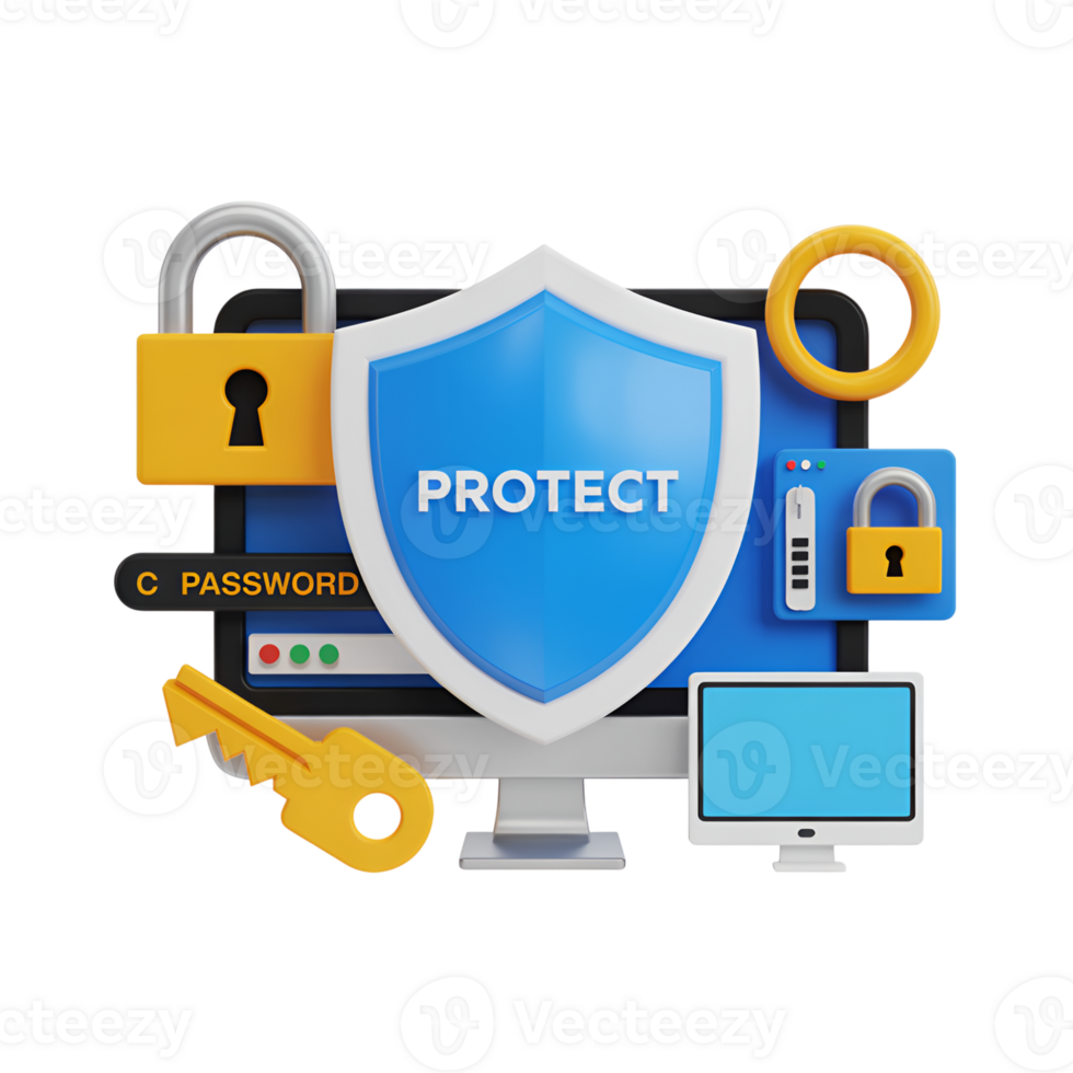Data security on computer with shield, key, and lock icons in 3d rendering png