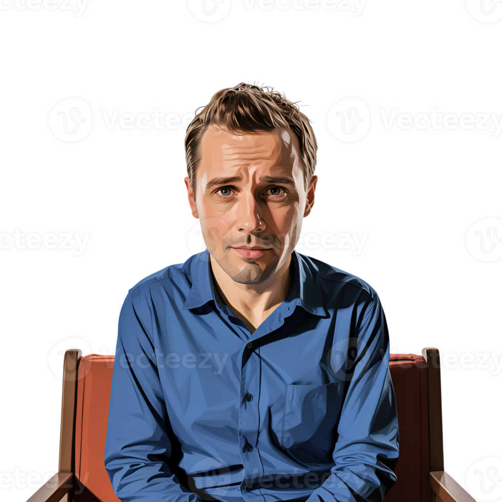 Man portrait sitting in a chair looking forward with a serious expression on his face png