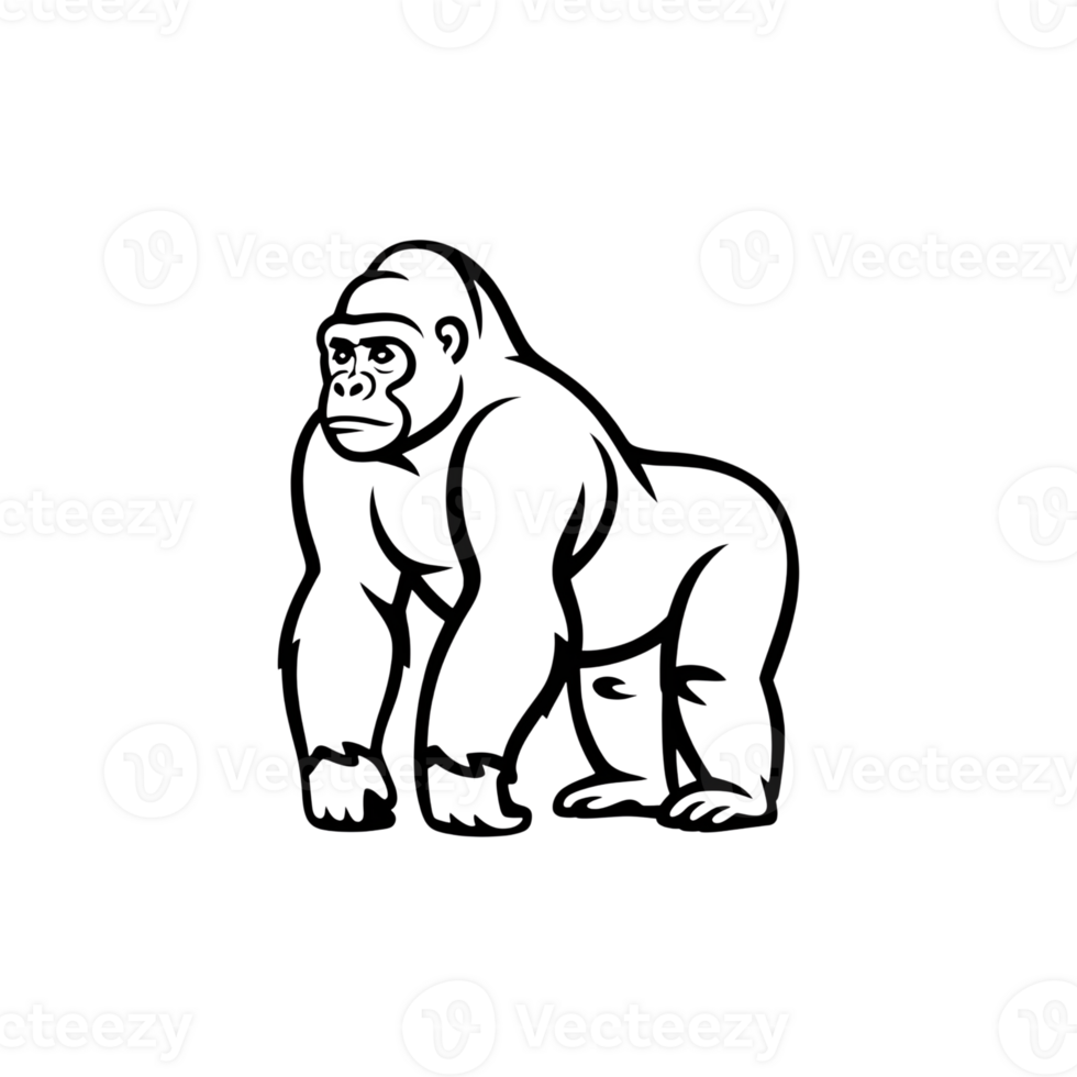 Gorilla illustration a bold, outlined ape standing tall and looking forward, fierce png