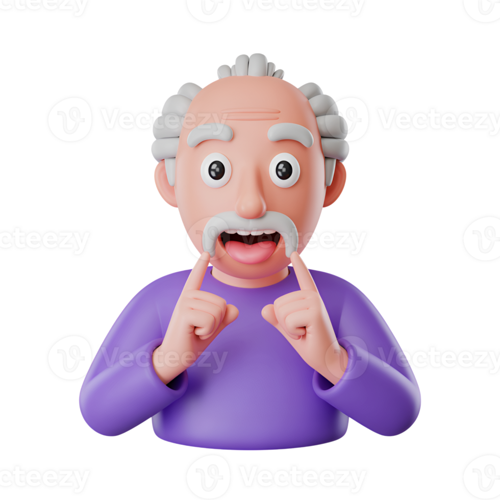 Cartoon man with mustache pointing at mouth, surprise expression, isolated render png