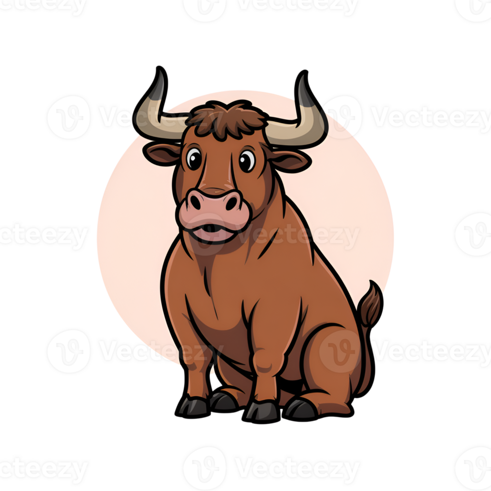 Cartoon bull sitting with a surprised expression on a light pink circle background png