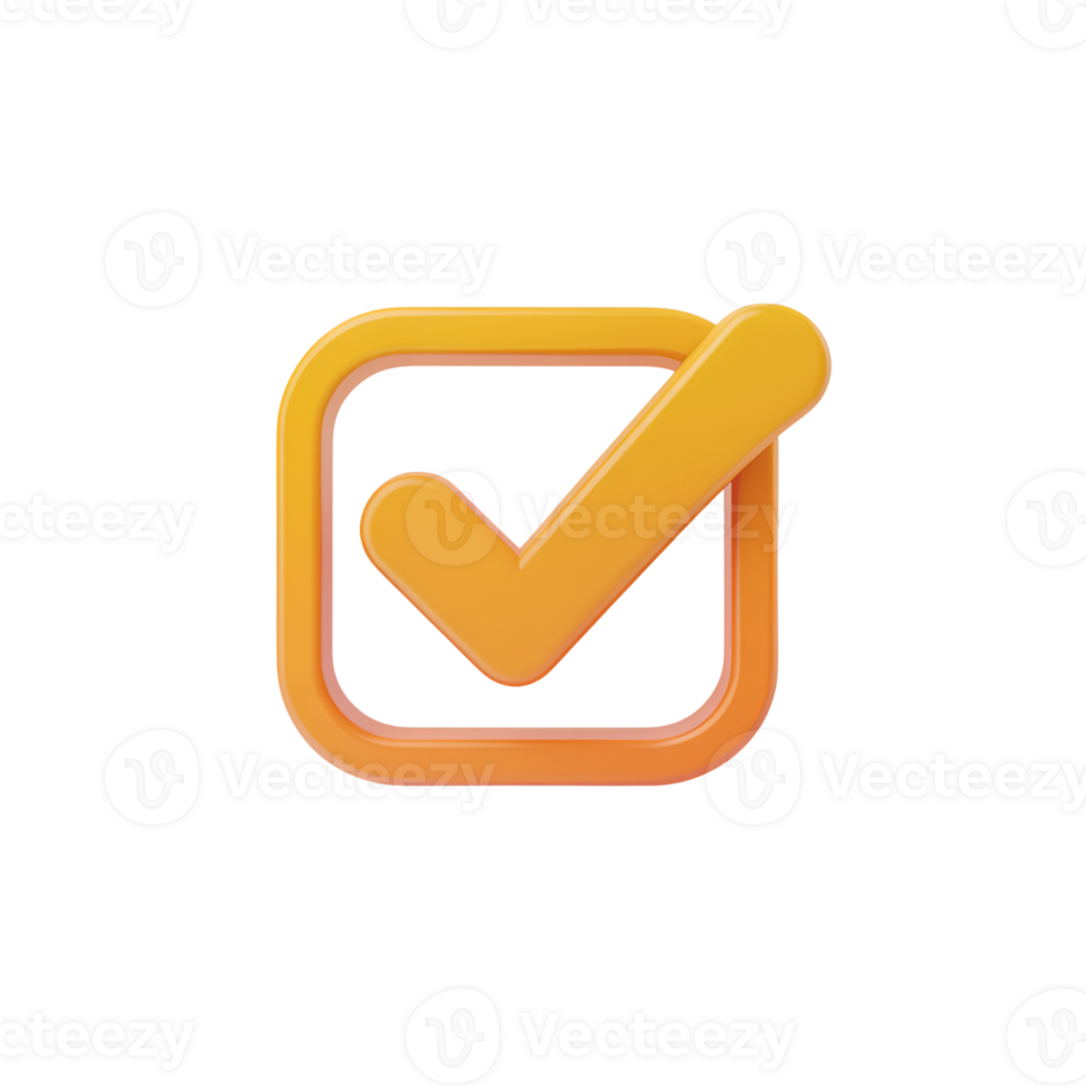 Check mark icon in orange square, 3d rendering symbol for approval and validation png